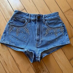 Alessandra Rich Blue Studded Jean Denim Shorts Made in Italy Size 28